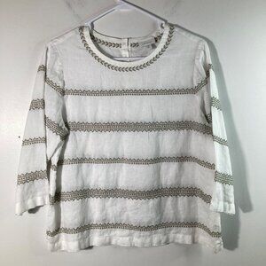 Womens J Jill Love Linen Linen Embroidered Striped Tunic 3/4 Sleeve MP